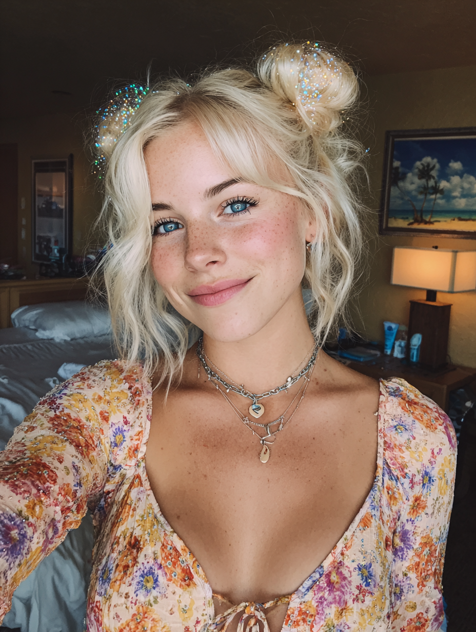 Summer Hairstyles For Medium Hair: Space Buns with Glitter