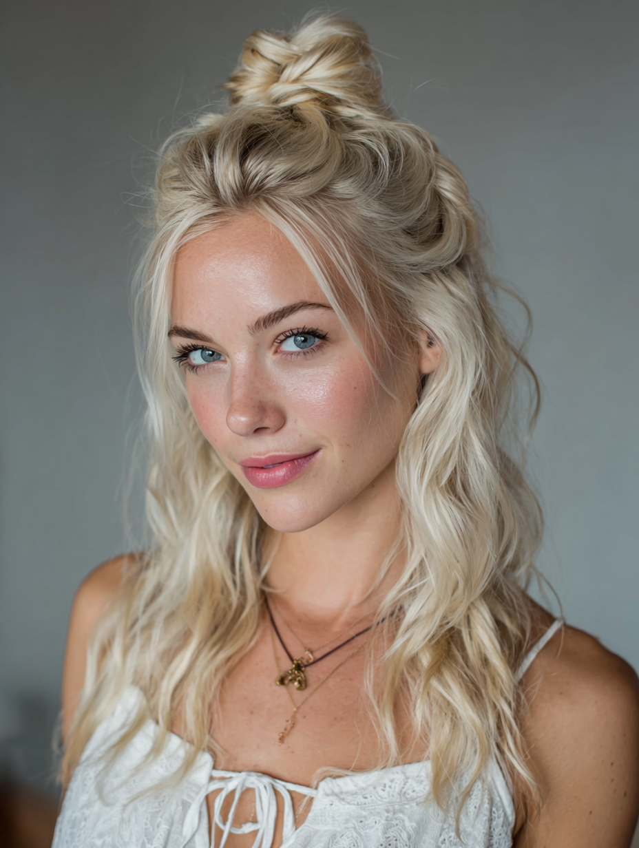 Summer Hairstyles For Medium Hair: Half-Up Top Knot