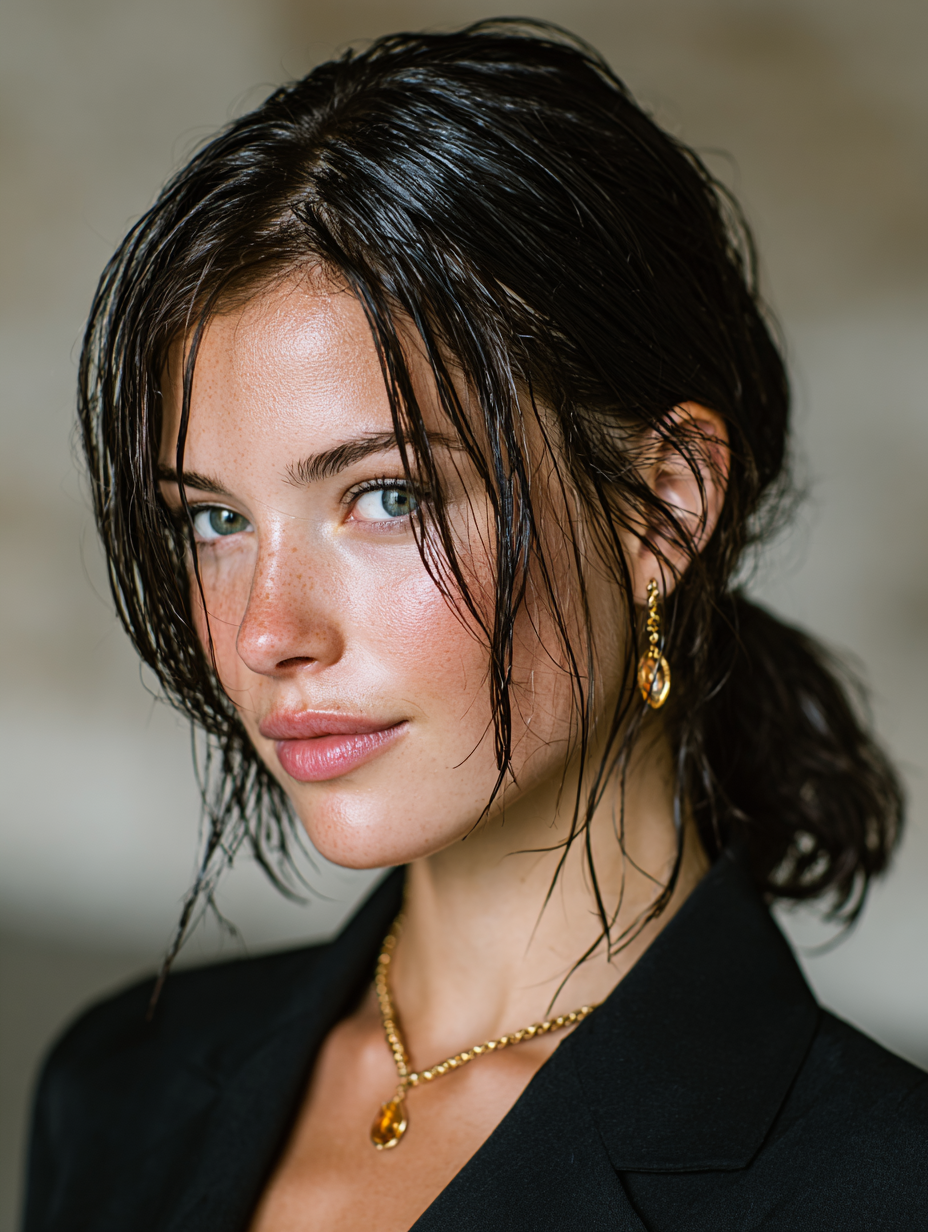 Summer Hairstyles For Medium Hair: Slicked-Back Low Ponytail